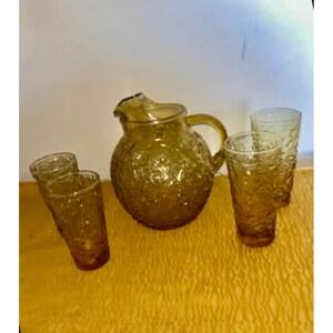 Vintage Amber Glass Pitcher and Glasses Set Textured Pattern Drinking Ware